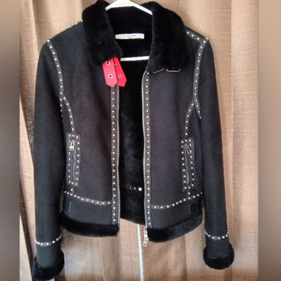 Givenchy Paris Black Shearling Wool Red Leather Studded Moto Jacket Size Medium - Picture 13 of 16